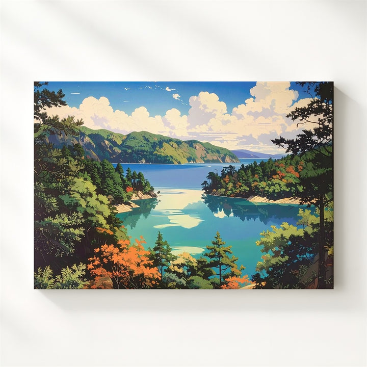 Turquoise Lake & Pines Canvas – Vibrant Japanese Woodblock Landscape Art - Gifitto
