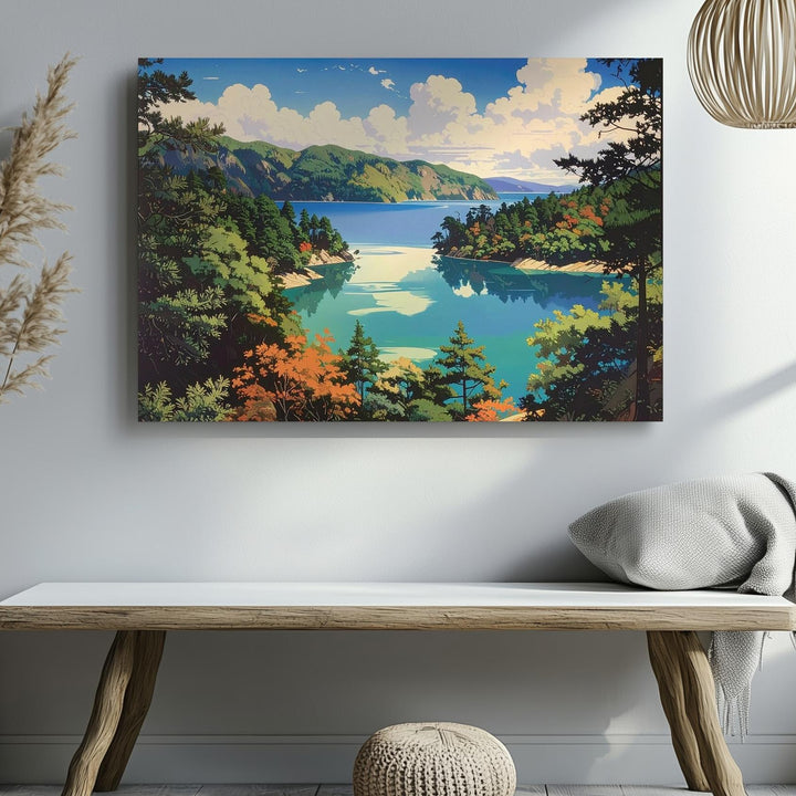 Turquoise Lake & Pines Canvas – Vibrant Japanese Woodblock Landscape Art - Gifitto