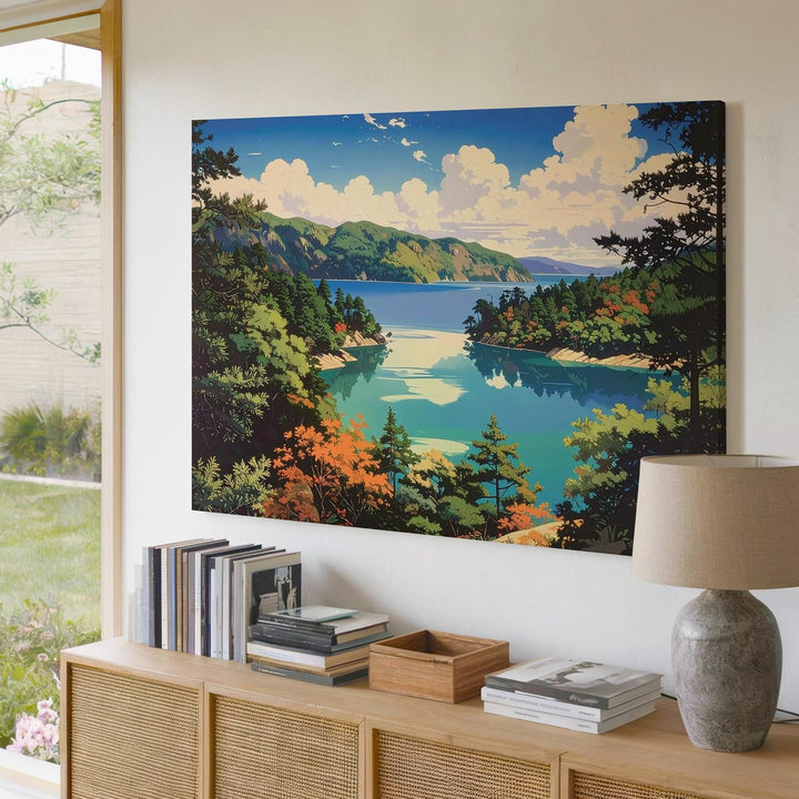 Turquoise Lake & Pines Canvas – Vibrant Japanese Woodblock Landscape Art - Gifitto