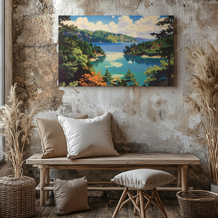 Turquoise Lake & Pines Canvas – Vibrant Japanese Woodblock Landscape Art - Gifitto