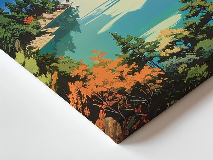 Turquoise Lake & Pines Canvas – Vibrant Japanese Woodblock Landscape Art - Gifitto