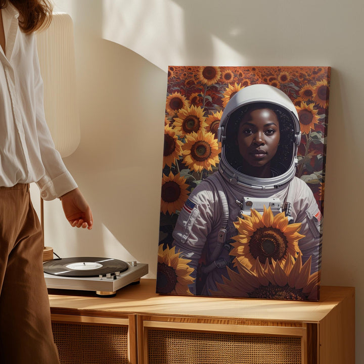 Astronaut in Sunflower Field Canvas – Surreal Nature and Space Exploration Art - Gifitto