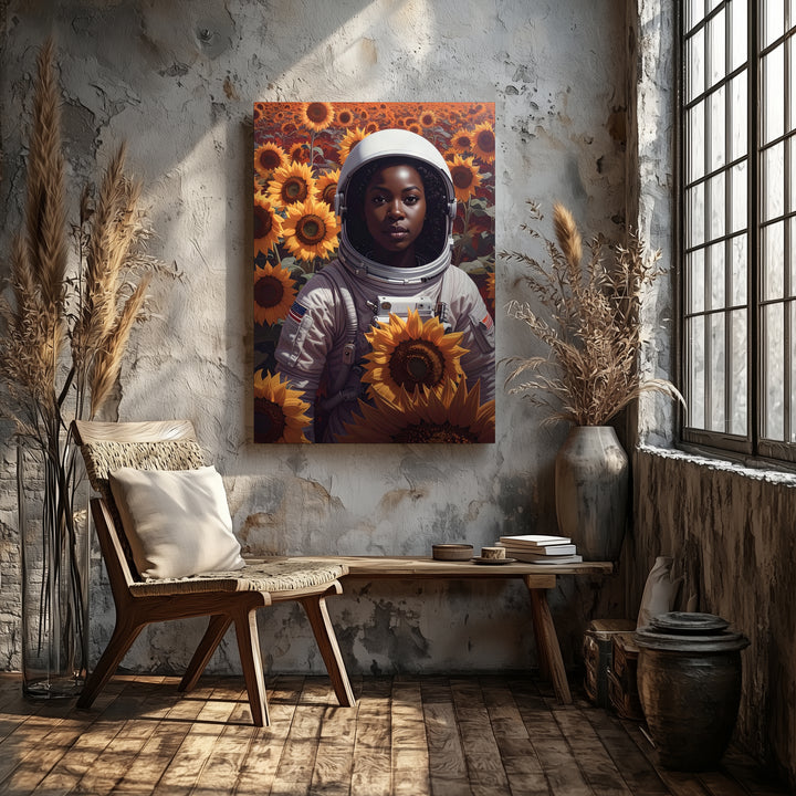 Astronaut in Sunflower Field Canvas – Surreal Nature and Space Exploration Art - Gifitto