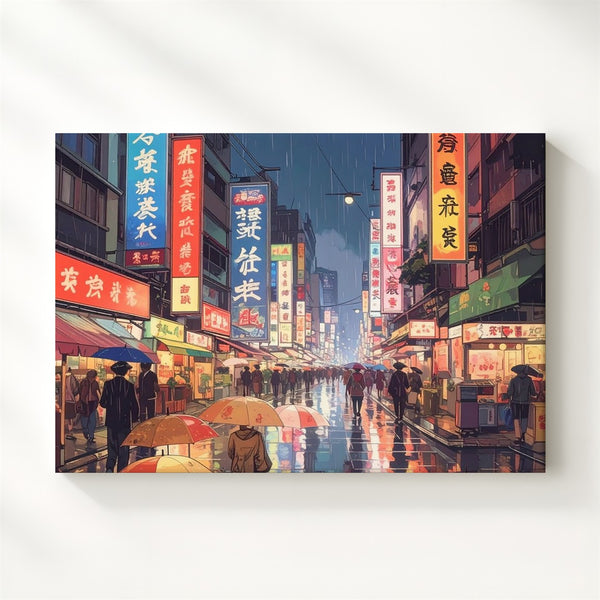 Neon Rain Cityscape Canvas – Cinematic East Asian Night Street Art - Gifitto