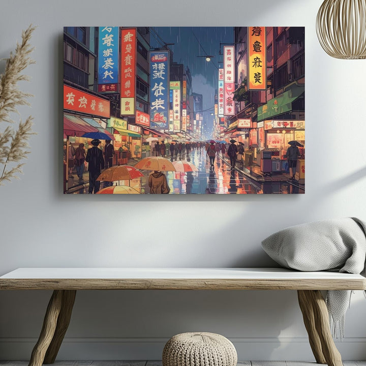 Neon Rain Cityscape Canvas – Cinematic East Asian Night Street Art - Gifitto