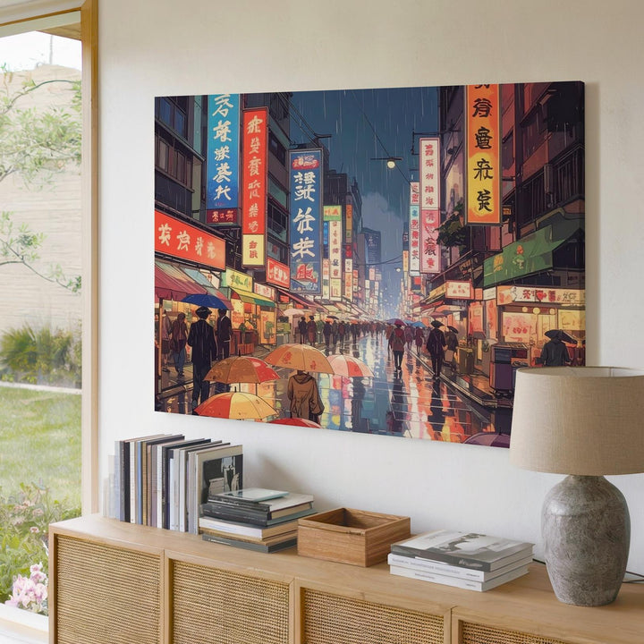 Neon Rain Cityscape Canvas – Cinematic East Asian Night Street Art - Gifitto