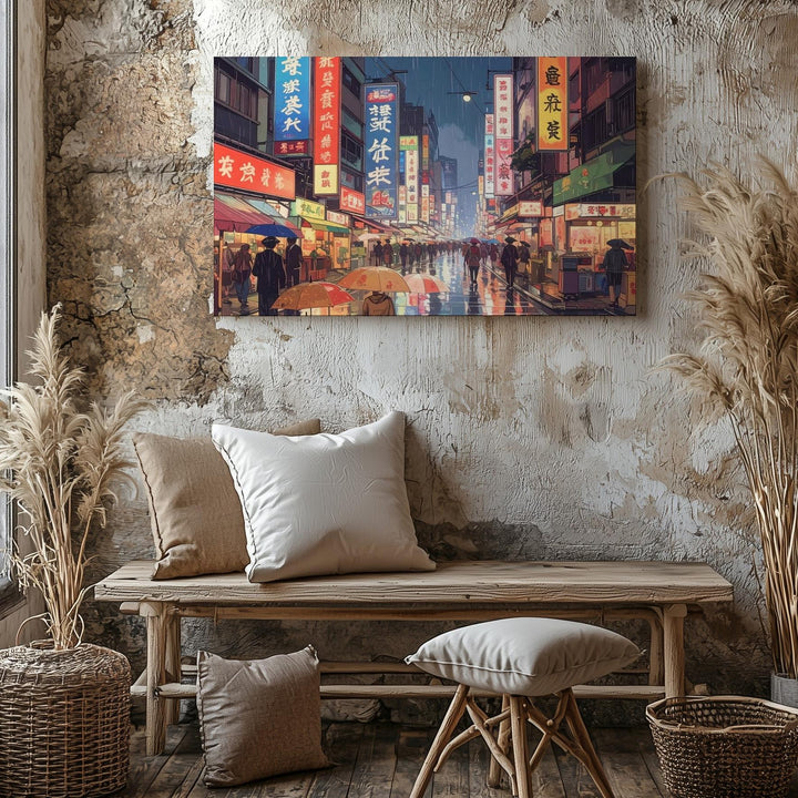 Neon Rain Cityscape Canvas – Cinematic East Asian Night Street Art - Gifitto