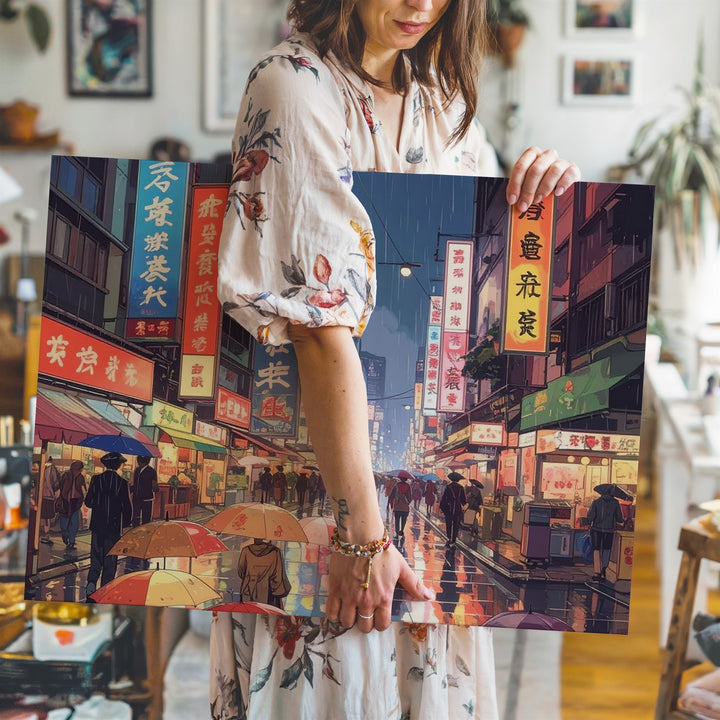Neon Rain Cityscape Canvas – Cinematic East Asian Night Street Art - Gifitto