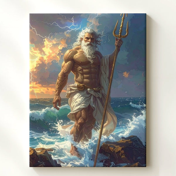 Poseidon’s Command Canvas – God of the Sea with Trident in Stormy Seascape - Gifitto