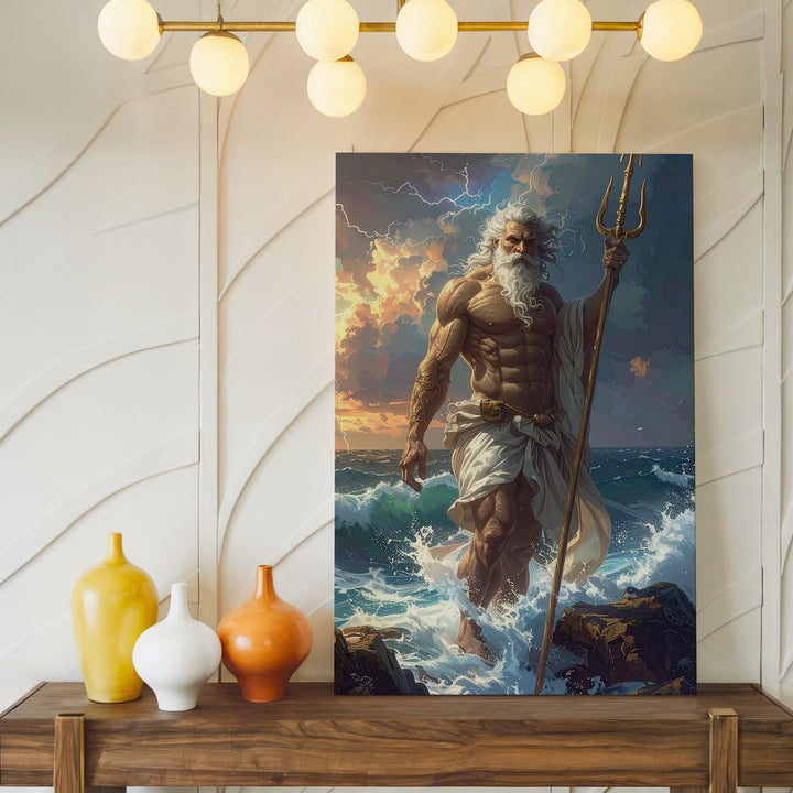 Poseidon’s Command Canvas – God of the Sea with Trident in Stormy Seascape - Gifitto