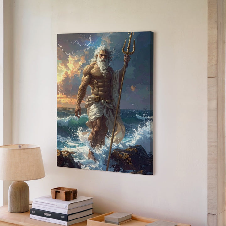 Poseidon’s Command Canvas – God of the Sea with Trident in Stormy Seascape - Gifitto