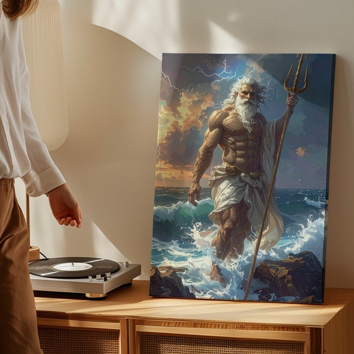 Poseidon’s Command Canvas – God of the Sea with Trident in Stormy Seascape - Gifitto