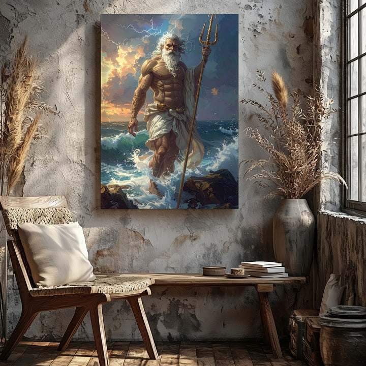 Poseidon’s Command Canvas – God of the Sea with Trident in Stormy Seascape - Gifitto