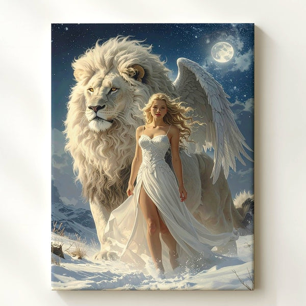 Divine Guardian Canvas – Woman with Angel Wings and White Lion Under Starry Sky - Gifitto