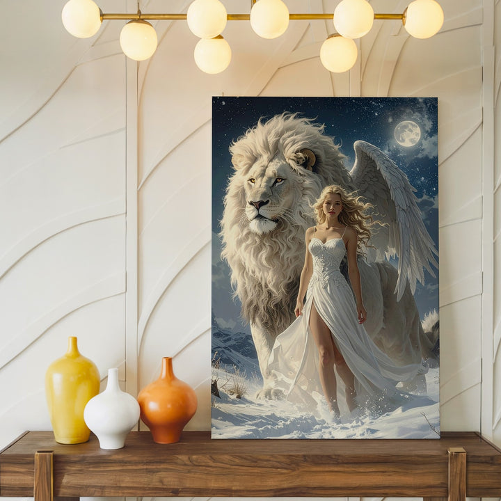 Divine Guardian Canvas – Woman with Angel Wings and White Lion Under Starry Sky - Gifitto