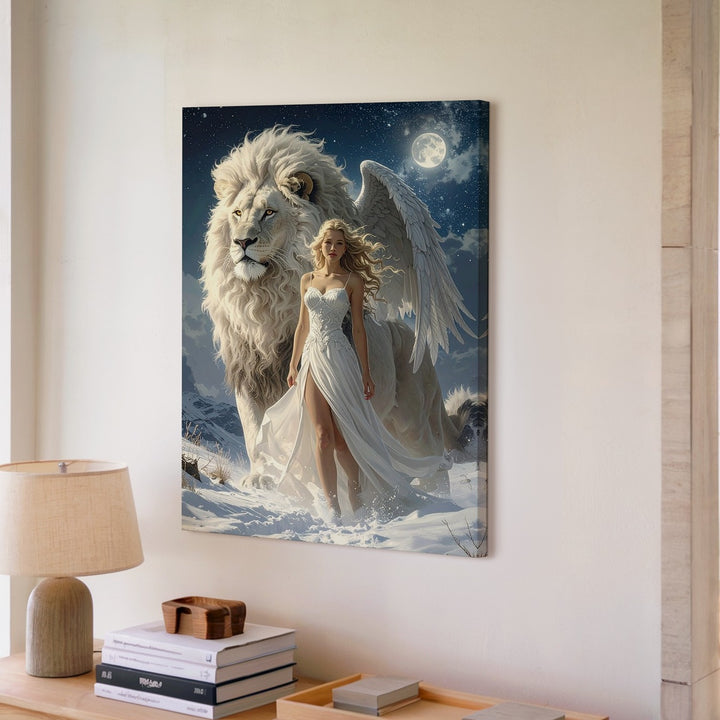 Divine Guardian Canvas – Woman with Angel Wings and White Lion Under Starry Sky - Gifitto