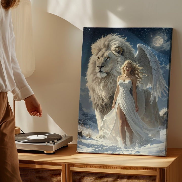 Divine Guardian Canvas – Woman with Angel Wings and White Lion Under Starry Sky - Gifitto