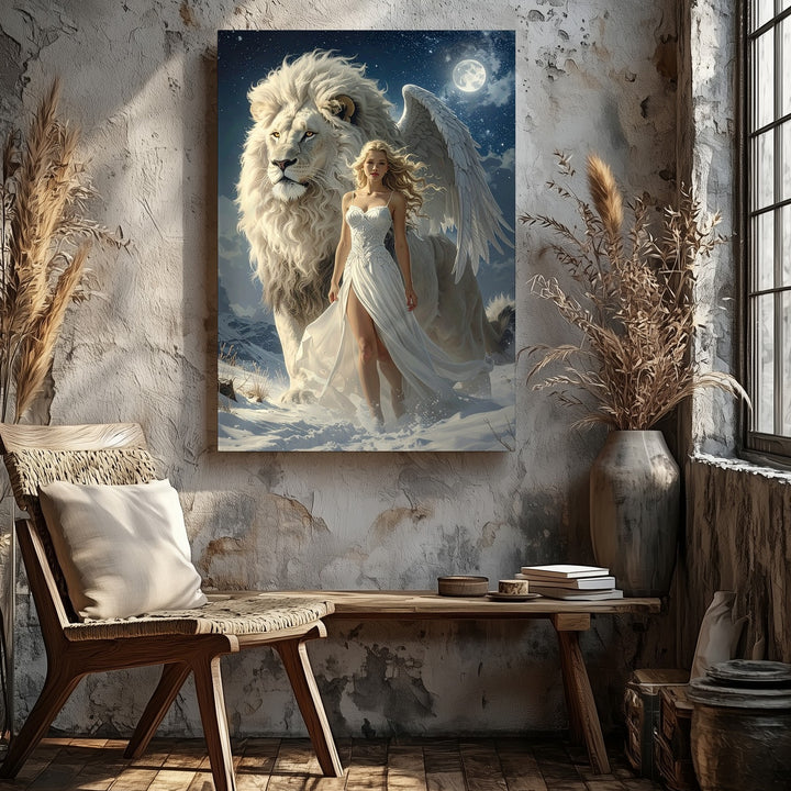 Divine Guardian Canvas – Woman with Angel Wings and White Lion Under Starry Sky - Gifitto
