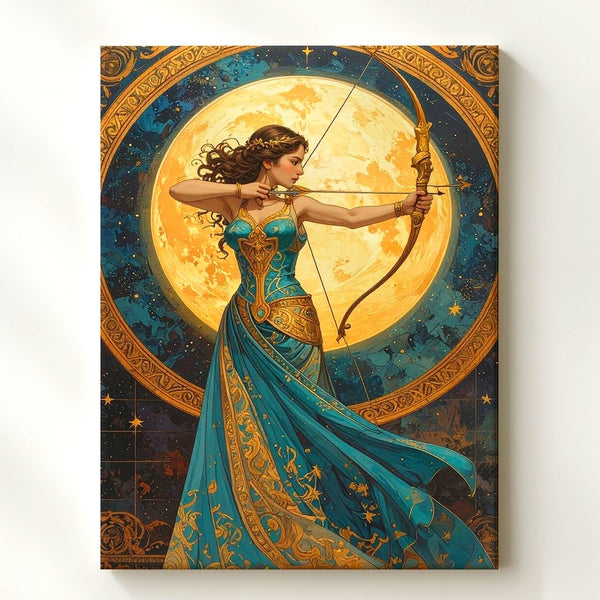 Celestial Archer Canvas – Woman with Golden Bow and Turquoise Gown - Gifitto