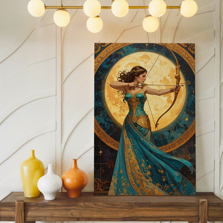 Celestial Archer Canvas – Woman with Golden Bow and Turquoise Gown - Gifitto