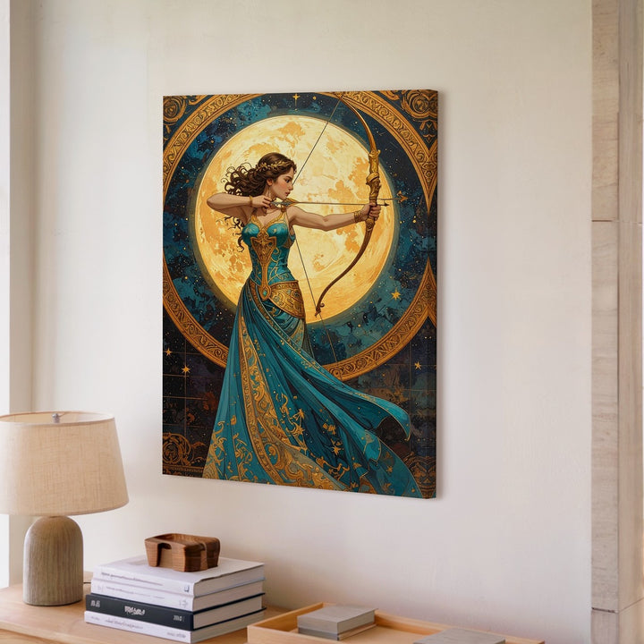 Celestial Archer Canvas – Woman with Golden Bow and Turquoise Gown - Gifitto