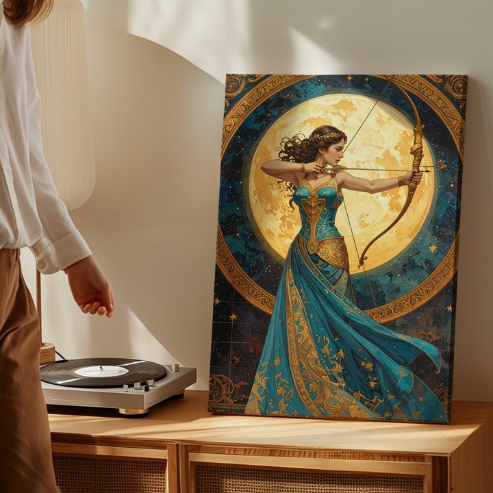 Celestial Archer Canvas – Woman with Golden Bow and Turquoise Gown - Gifitto