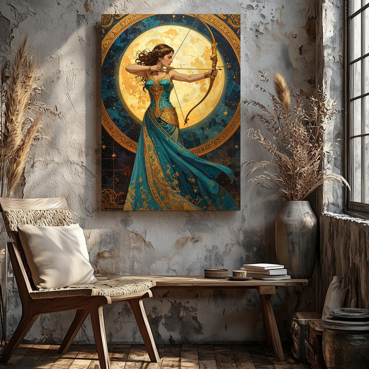 Celestial Archer Canvas – Woman with Golden Bow and Turquoise Gown - Gifitto