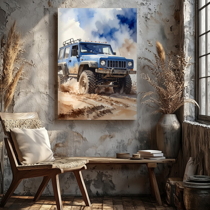 Jeep Wrangler Off-Roading Canvas – Rugged Adventure Art in Watercolor Style - Gifitto