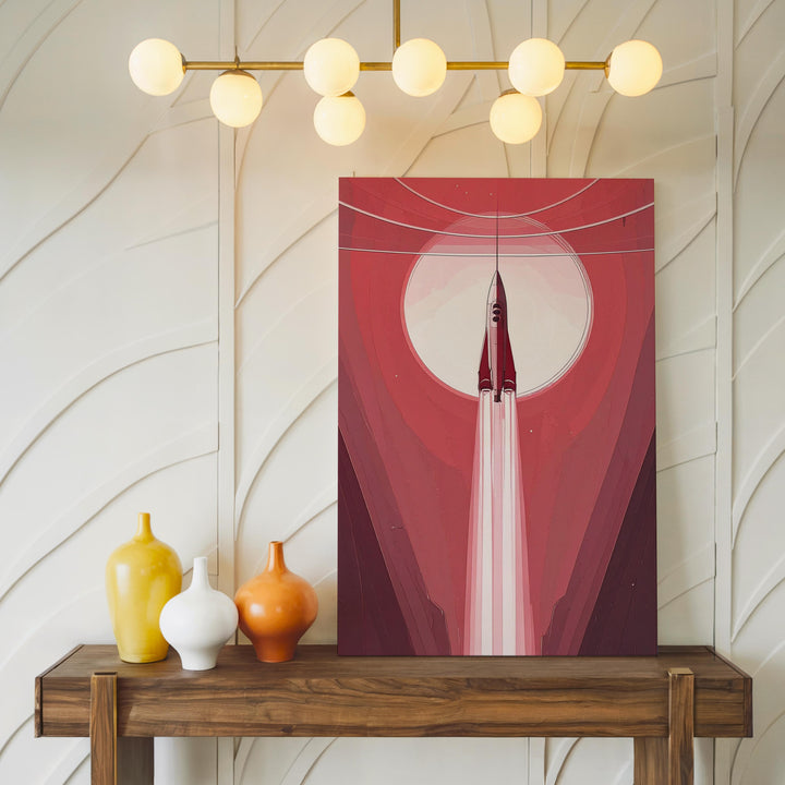 Stylized Spacecraft Ascension Canvas – Red-Hued Atmosphere and Light Trail - Gifitto