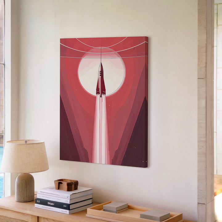 Stylized Spacecraft Ascension Canvas – Red-Hued Atmosphere and Light Trail - Gifitto