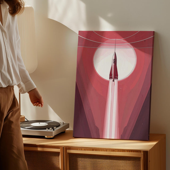 Stylized Spacecraft Ascension Canvas – Red-Hued Atmosphere and Light Trail - Gifitto