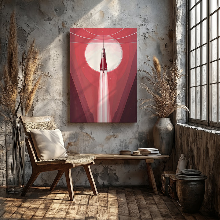 Stylized Spacecraft Ascension Canvas – Red-Hued Atmosphere and Light Trail - Gifitto