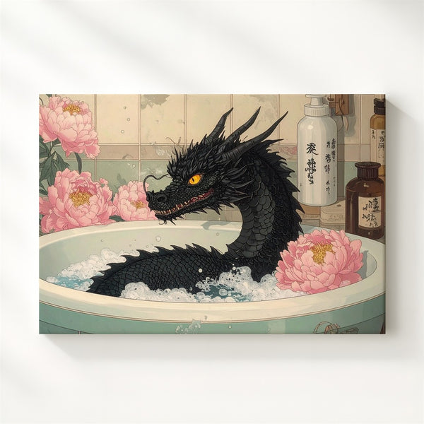 Bathing Dragon Canvas – Whimsical Japanese Peony Fantasy Wall Art - Gifitto