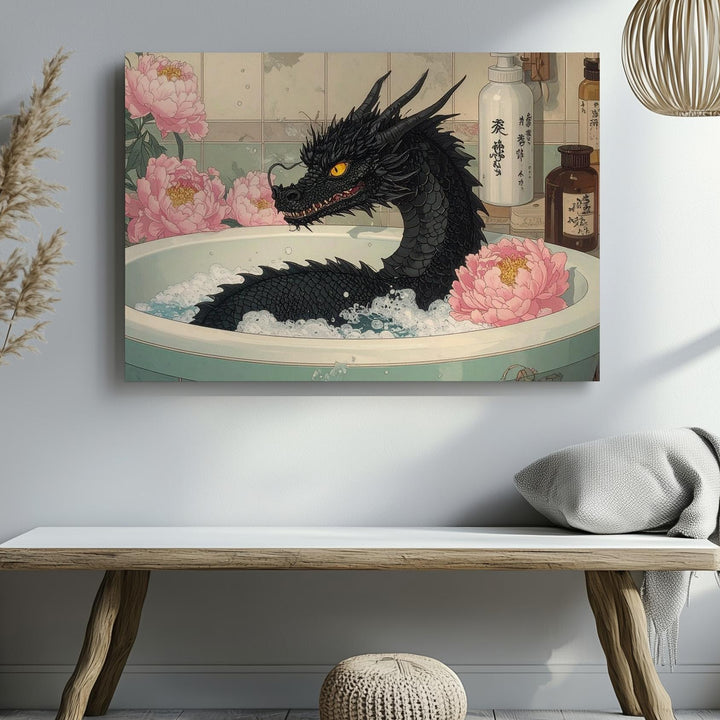 Bathing Dragon Canvas – Whimsical Japanese Peony Fantasy Wall Art - Gifitto