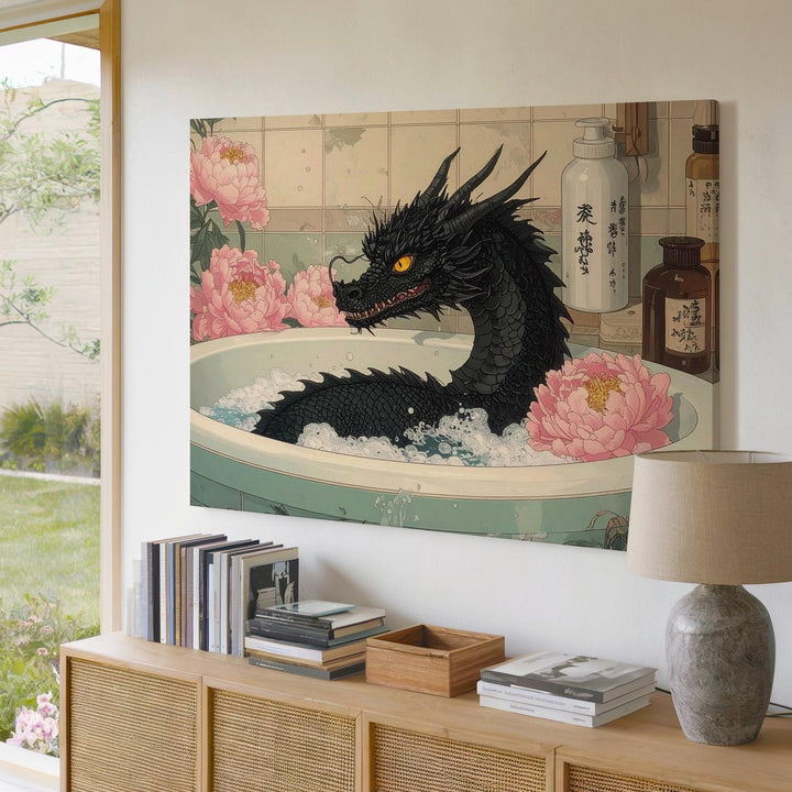 Bathing Dragon Canvas – Whimsical Japanese Peony Fantasy Wall Art - Gifitto