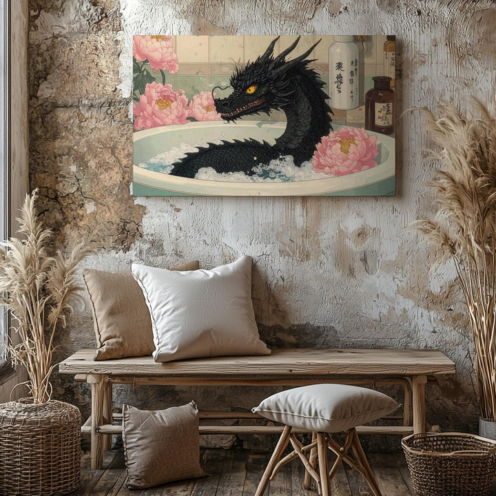 Bathing Dragon Canvas – Whimsical Japanese Peony Fantasy Wall Art - Gifitto