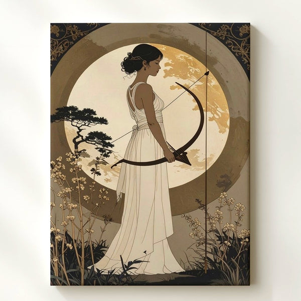 Moonlit Archer Canvas – Minimalist Woman with Bow and Greco-Roman Aesthetic - Gifitto