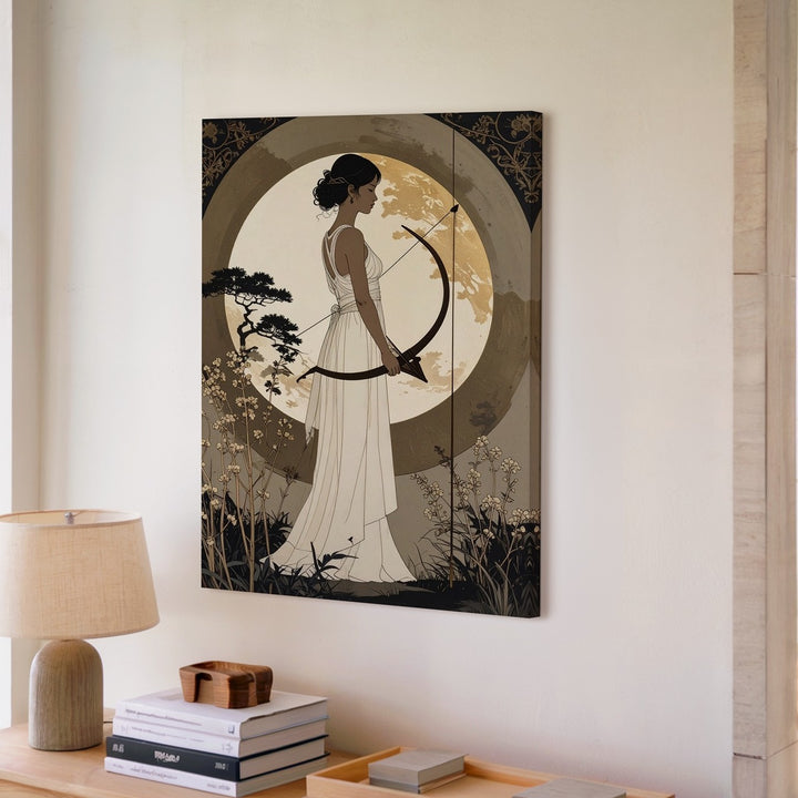Moonlit Archer Canvas – Minimalist Woman with Bow and Greco-Roman Aesthetic - Gifitto