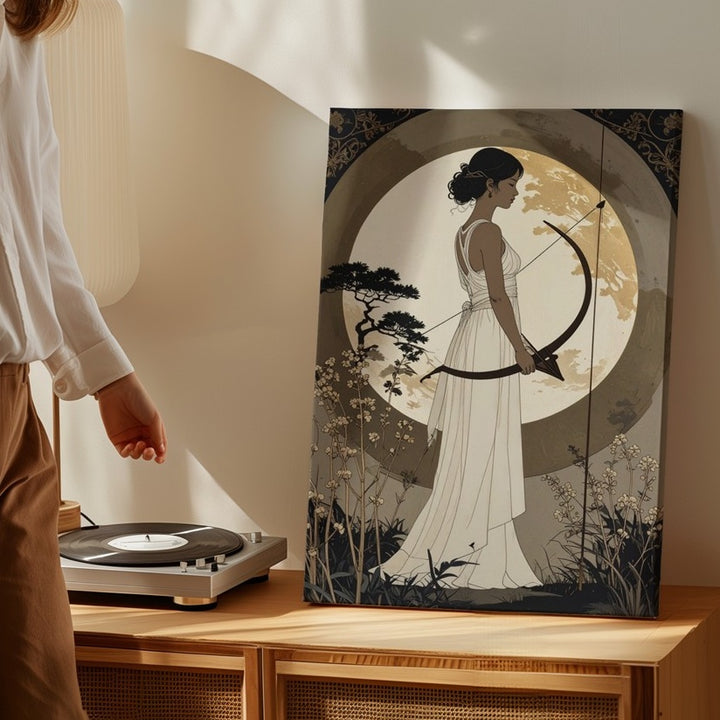Moonlit Archer Canvas – Minimalist Woman with Bow and Greco-Roman Aesthetic - Gifitto