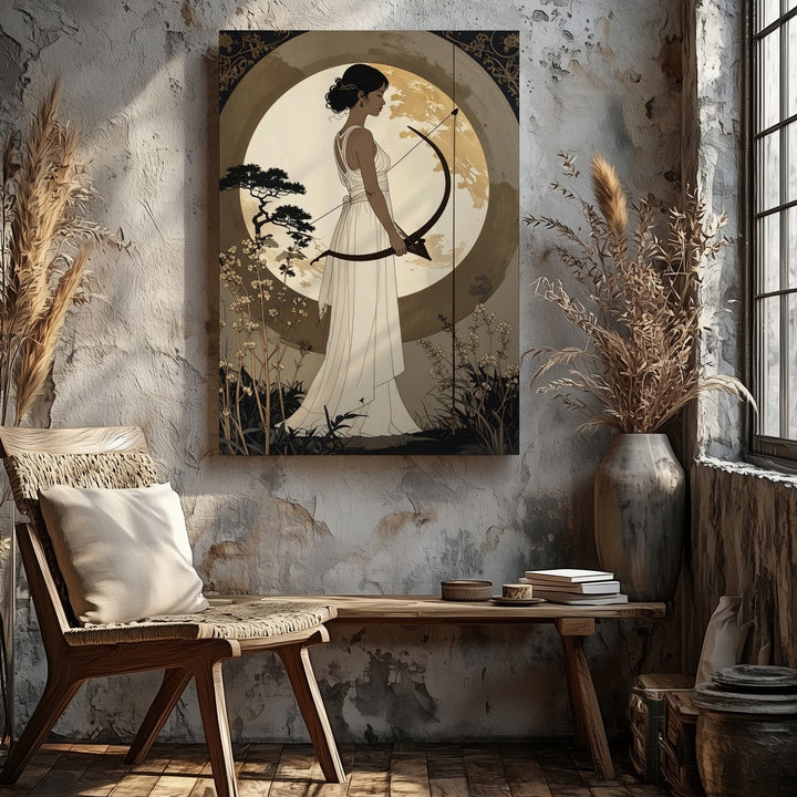 Moonlit Archer Canvas – Minimalist Woman with Bow and Greco-Roman Aesthetic - Gifitto