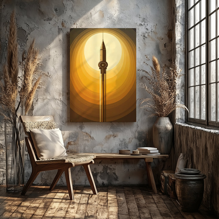 Minimalist Spaceship Ascension Canvas – Orange and Yellow Gradient Space Art - Gifitto