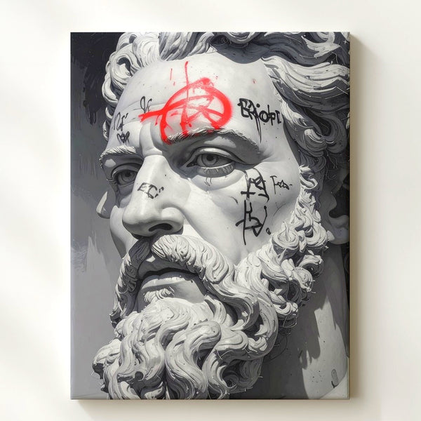 Defaced Zeus Bust Canvas – Classical Sculpture with Modern Graffiti Art - Gifitto