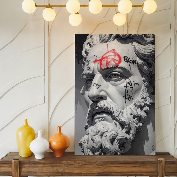 Defaced Zeus Bust Canvas – Classical Sculpture with Modern Graffiti Art - Gifitto