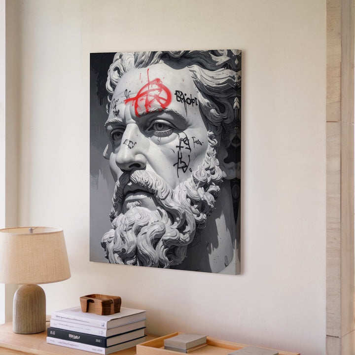 Defaced Zeus Bust Canvas – Classical Sculpture with Modern Graffiti Art - Gifitto