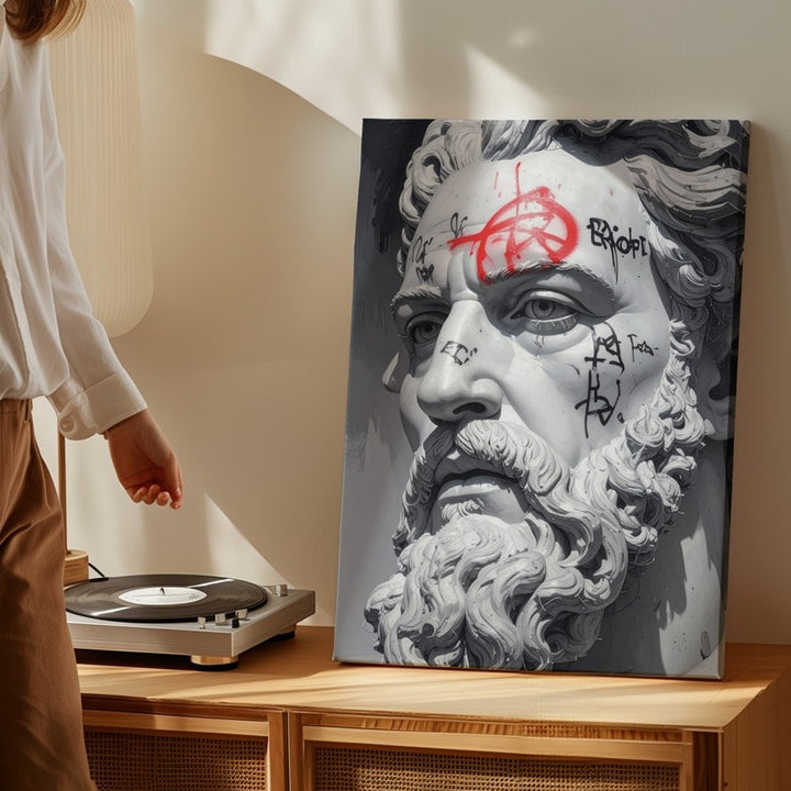 Defaced Zeus Bust Canvas – Classical Sculpture with Modern Graffiti Art - Gifitto