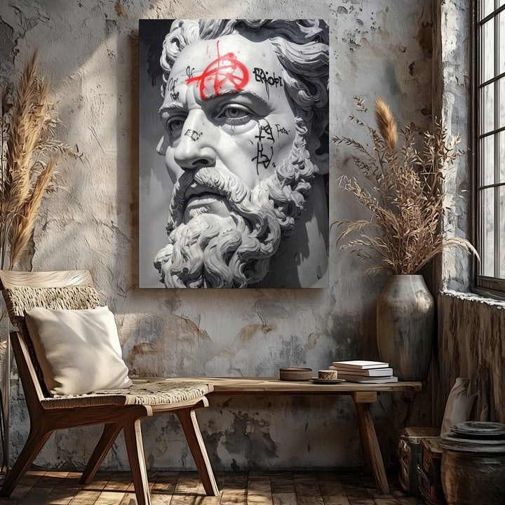Defaced Zeus Bust Canvas – Classical Sculpture with Modern Graffiti Art - Gifitto