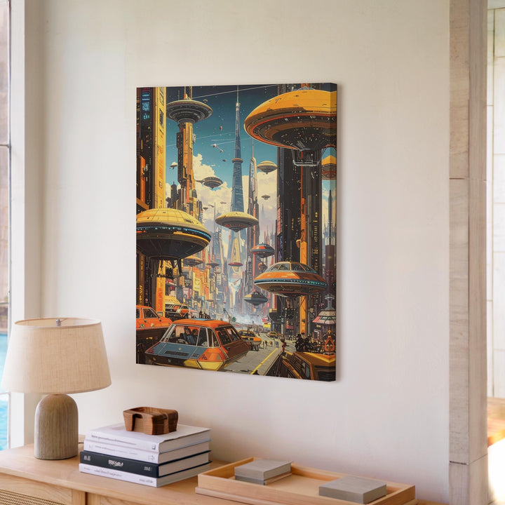 Futuristic Cityscape Canvas – Neon-lit Metropolis with Flying Vehicles - Gifitto