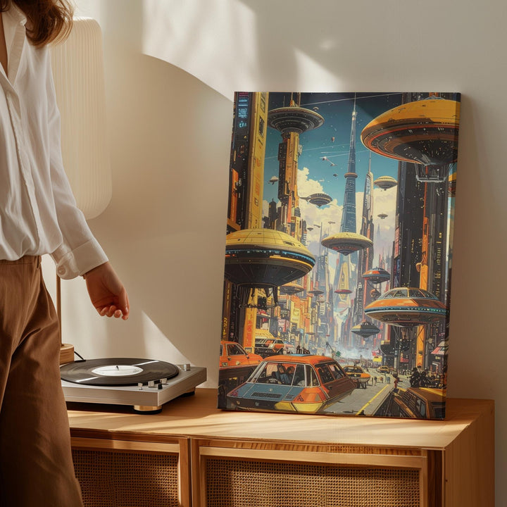 Futuristic Cityscape Canvas – Neon-lit Metropolis with Flying Vehicles - Gifitto