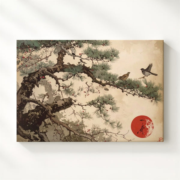 Sparrows on Pine Canvas – Traditional Japanese Ink Nature Art - Gifitto