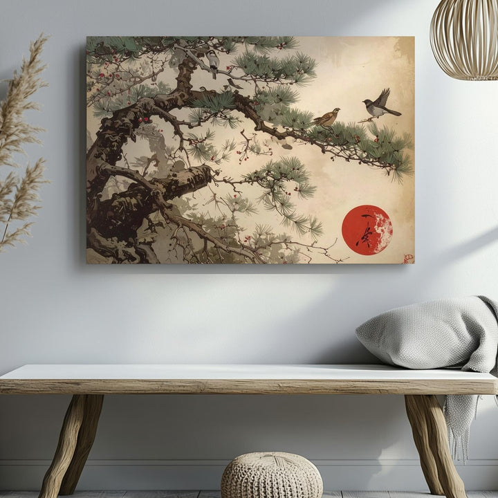 Sparrows on Pine Canvas – Traditional Japanese Ink Nature Art - Gifitto